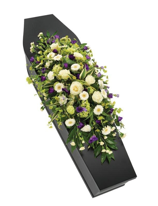 Purple and White Coffin Spray.